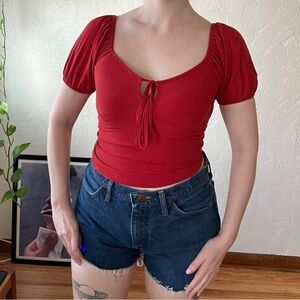 Brick Red Puff Sleeve Peasant Top